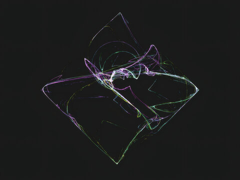 Vibrant abstract light painting featuring swirling neon lines in diamond shape against dark background, creating sense of dynamic movement and energy