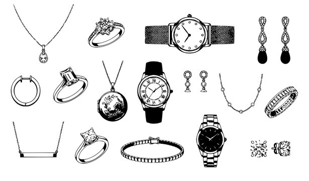 Luxury jewelry collection with elegant rings necklaces watches and earrings fashion vector illustration