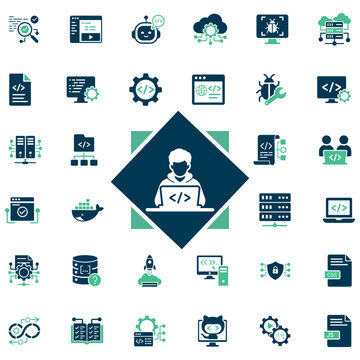 Coding solid icon set. Programming, developer, software, web development, code, web, technology. editable vector illustration
