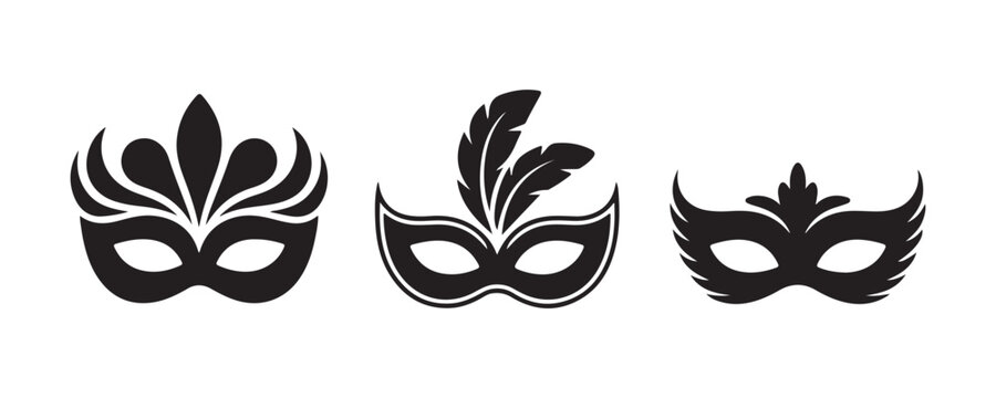 Black carnival mask set with various ornate feather and decorative designs for masquerade events.