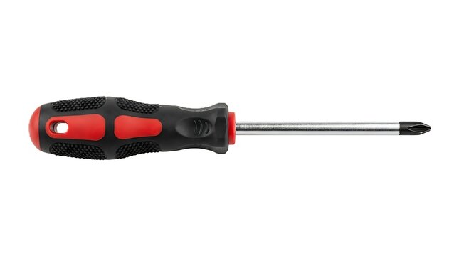 A Professional Phillips Head Screwdriver With Ergonomic Red And Black Rubberized Grip Isolated On A Pure White Background