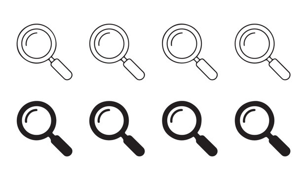 Magnifying glass icon set black vector with outline and solid styles for universal search and zoom tools.