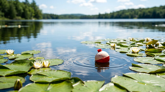 Red and white fishing bobber floating in a calm lake surrounded by water lilies
