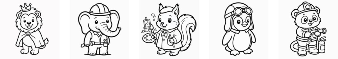 Fototapeta premium Cute cartoon animals with various professions for coloring book
