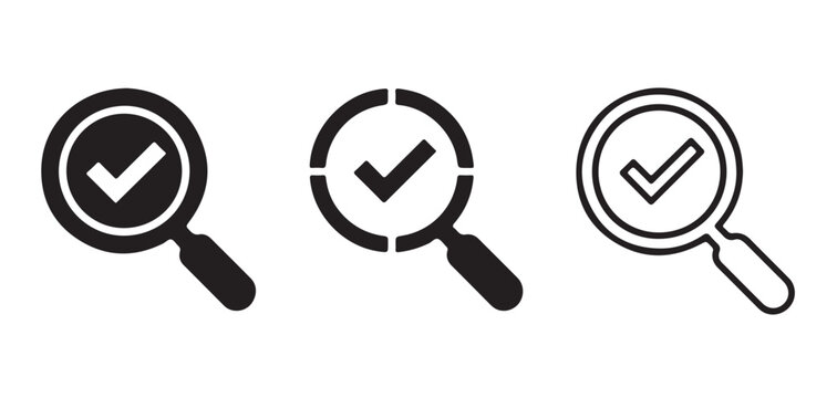 Search verification magnifying glass icons set featuring check marks for validating web interface data entries.