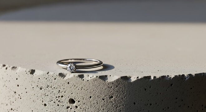 Close-up shot of a simple, elegant silver band and a solitaire engagement ring stacked on a textured concrete surface bathed in soft sunlight