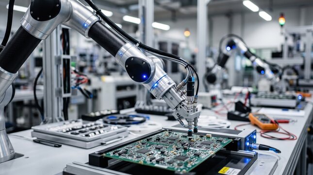 Automated robotic arm assembling circuit board in high-tech electronics factory, precision manufacturing process, Industry 4.0 automation technology, smart production line with