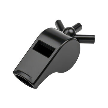 Black plastic whistle for sports and emergency signaling isolated on white background