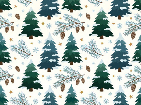 Seamless pattern with green pine trees and branches for winter