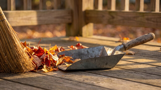 Sweeping leaves off deck with broom and metal dustpan  