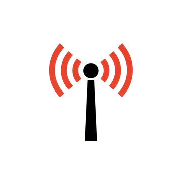 Black wireless antenna icon with red signal waves isolated on white background
