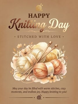 Happy Knitting Day Greeting Card With Yarn And Knitting Needles Illustration