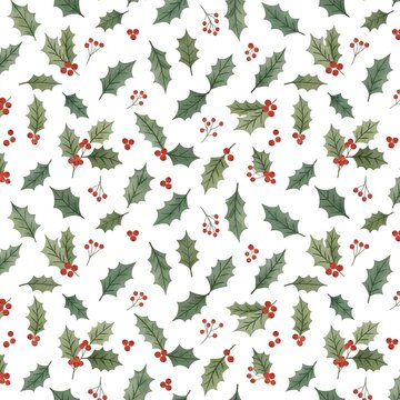 Seamless white Christmas Pattern with Holly Leaves and Red Berries, A seamless repeating pattern of holly leaves and red berries scattered across a white background, flat botanical illustration