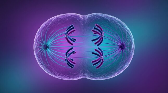 Scientific illustration of a cell undergoing division during the anaphase stage of mitosis, showing chromosomes separating and moving towards opposite poles with spindle fibers