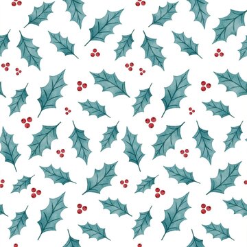 Seamless white Christmas Pattern with Holly Leaves and Red Berries, A seamless repeating pattern of holly leaves and red berries scattered across a white background, flat botanical illustration
