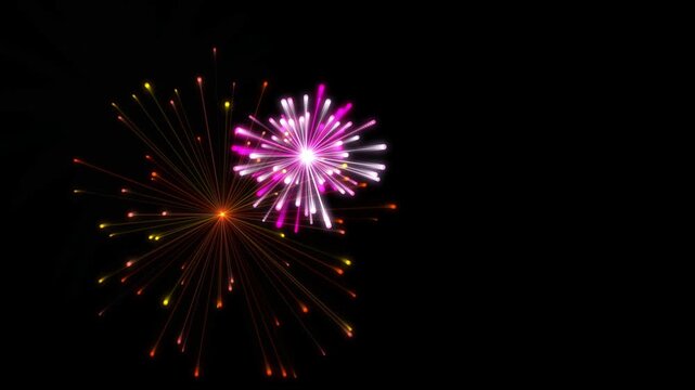 Bright colorful fireworks display exploding in the night sky, festive celebration background with vibrant light streaks and sparks
