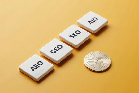 White blocks with AEO, GEO, SEO, and AIO acronyms beside a digital coin on yellow background.