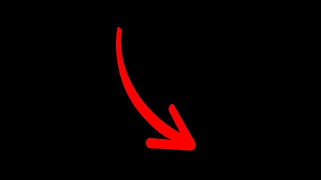 Red hand drawn curved pointer arrow animation, doodle directional graphic, isolated video overlay element   