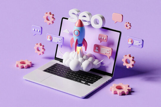 3D illustration of pink rocket launching from laptop screen with SEO text. Digital marketing concept shows business growth, web optimization, startup success. Floating icons like gears, chat bubbles,