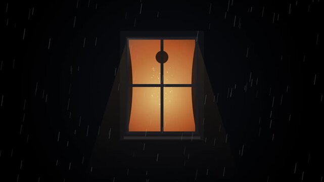 Warm glowing window at night during a rainstorm