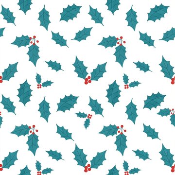 Seamless white Christmas Pattern with Holly Leaves and Red Berries, A seamless repeating pattern of holly leaves and red berries scattered across a white background, flat botanical illustration