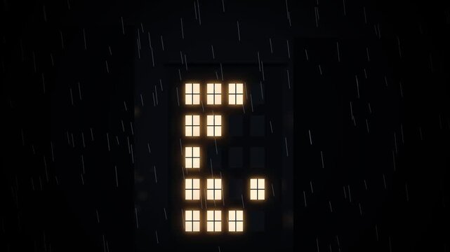 Rainy night view of an apartment building with lit windows