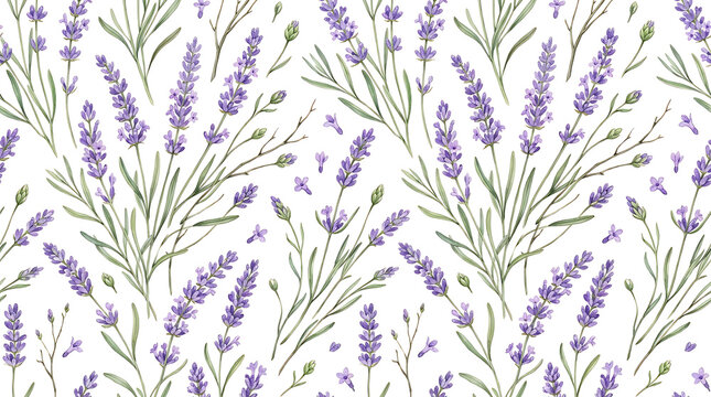 Lavender flower seamless pattern, botanical watercolor illustration with purple floral sprigs on white background