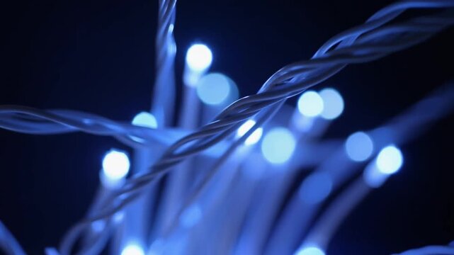 Close Up Of Blue LED String Lights With Soft Bokeh During Evening Celebration