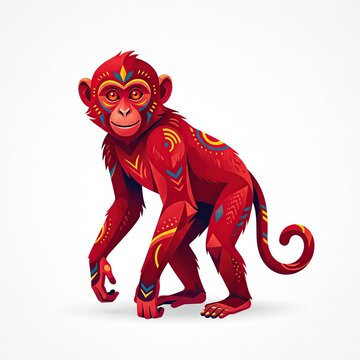 Modern Red Monkey Illustration with Stylized Colorful Geometric Patterns and Tribal Ornaments, Isolated on White Background 2D Digital Art Primate Character for Creative Design and Mascot Use