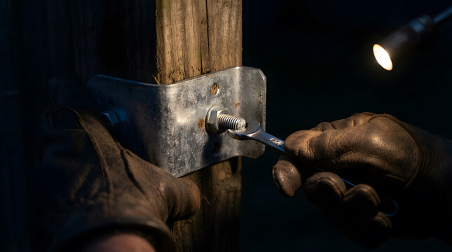 Close-up of a worker wearing heavy leather work gloves tightening a metal nut on a wooden fence post bracket with a wrench under a flashlight beam in a dark workshop setting at night.