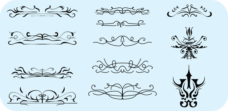 Vector set of black calligraphic ornaments on a soft cream background: decorative corner flourishes, swirling line scrolls and vertical dividers with elegant curls and leaf-like details. Art nouveau