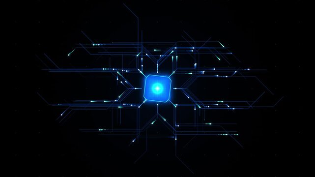 Abstract digital technology background with glowing blue central processor unit and data network connections lines