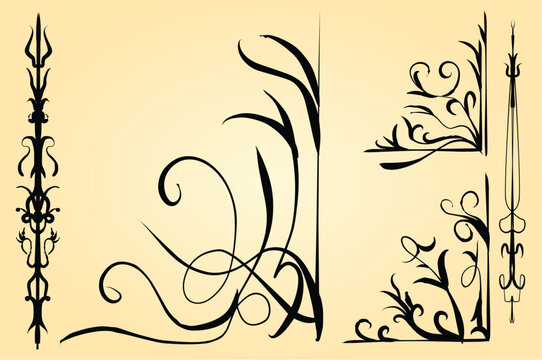 Vector set of black calligraphic ornaments on a soft cream background: decorative corner flourishes, swirling line scrolls and vertical dividers with elegant curls and leaf-like details. Art nouveau