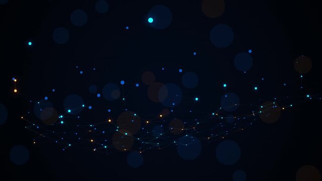 Sophisticated particle network nodes forming floating data mesh with soft bokeh depth of field effect against dark background representing advanced technology and big data analytics concepts