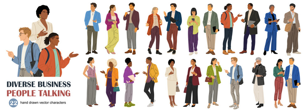 People gesture, converse, and collaborate across cultures. Diverse attire signals professional unity in business settings. Vibrant colors reflect dynamic, inclusive workplace energy
