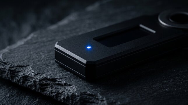 Macro matte black crypto hardware wallet on dark slate with blue led light