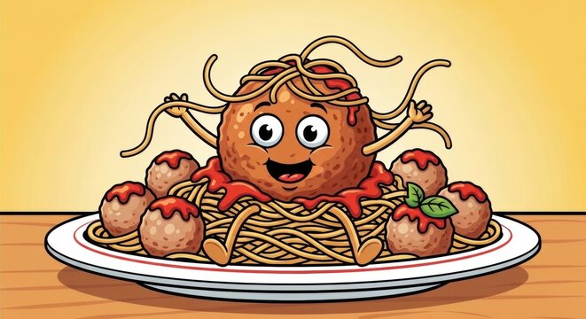 Cartoon meatball and spaghetti dish with smiling face on white plate