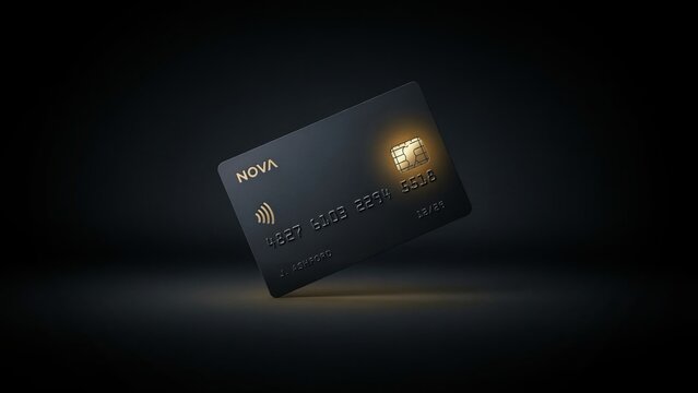 Matte black credit card with gold emv chip floating on dark background