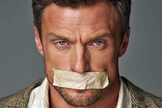 Man with mouth taped shut conceptual portrait expressing censorship