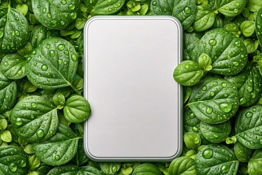 Smartphone mockup mockup on fresh green leaves with water drops