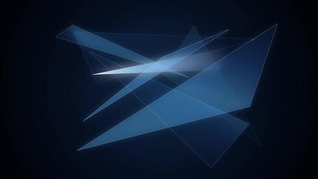 Abstract blue geometric motion background, with floating translucent, triangles and soft, glowing light effects