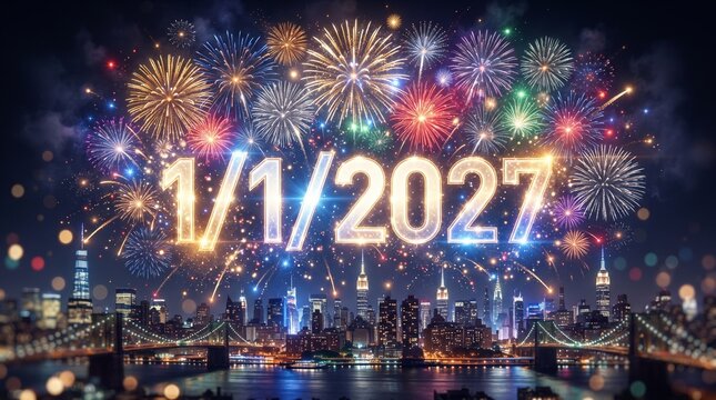 New Year's Eve fireworks celebration over New York City skyline with date 1/1/2027