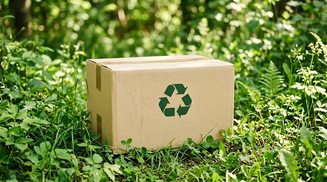 A brown cardboard box displaying a green recycling symbol is peacefully situated within a beautiful and thriving natural environment full of green