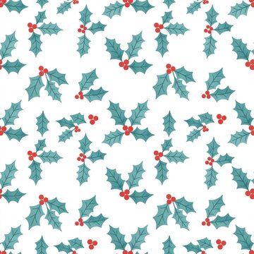 Seamless white Christmas Pattern with Holly Leaves and Red Berries, A seamless repeating pattern of holly leaves and red berries scattered across a white background, flat botanical illustration