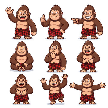 Cute Gorilla Cartoon Mascot Wearing Traditional Plaid Sarong in Various Emotional Poses Set