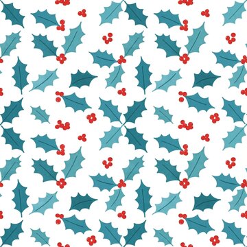 Seamless white Christmas Pattern with Holly Leaves and Red Berries, A seamless repeating pattern of holly leaves and red berries scattered across a white background, flat botanical illustration