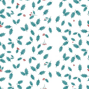 Seamless white Christmas Pattern with Holly Leaves and Red Berries, A seamless repeating pattern of holly leaves and red berries scattered across a white background, flat botanical illustration
