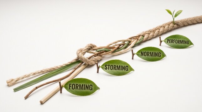 Stages of team development concept represented by a rope transitioning from loose strands and a knot to a strong braid with a green sprout, isolated on a white background