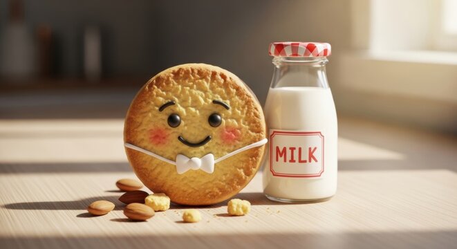 Smiling cookie with bowtie next to milk bottle on wooden surface for