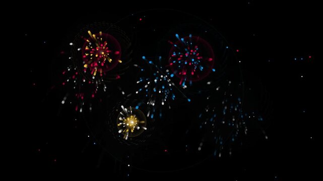 Abstract digital fireworks display with glowing particles and light trails on a dark background, representing celebration and festive energy